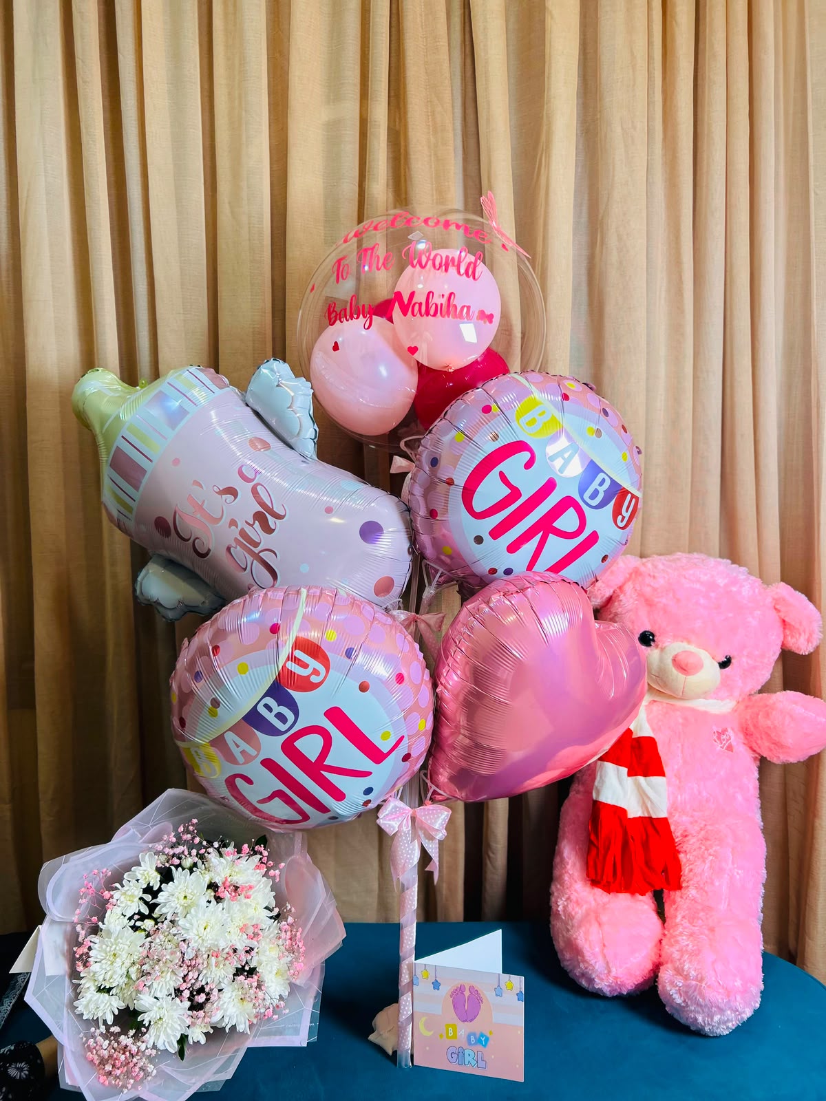 Baby Girl Welcome Gift Set with Balloons, Flowers & Teddy