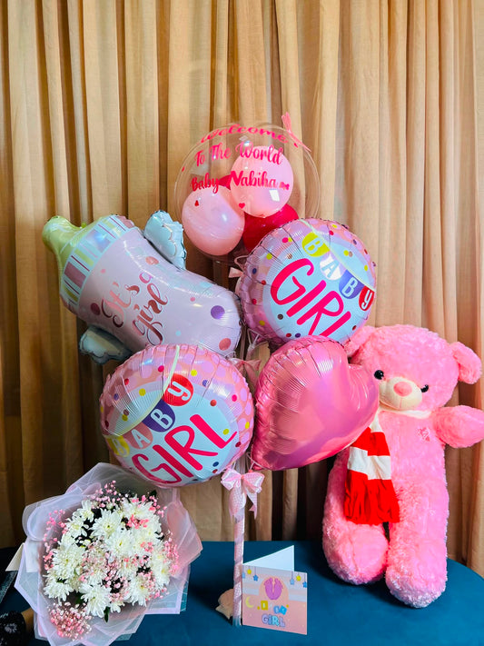 Baby Girl Welcome Gift Set with Balloons, Flowers & Teddy