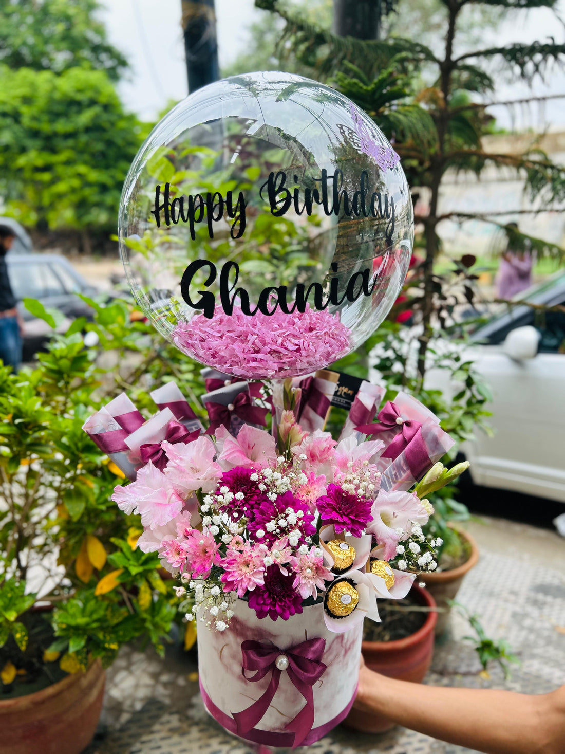 Sweet Blush Birthday Box | Chocolates, Flowers & Customized Balloon ...
