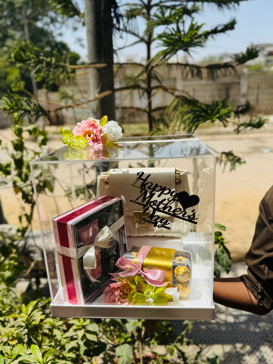 Luxury acrylic Mother’s Day gift box with handbag perfume and chocolates in Pakistan