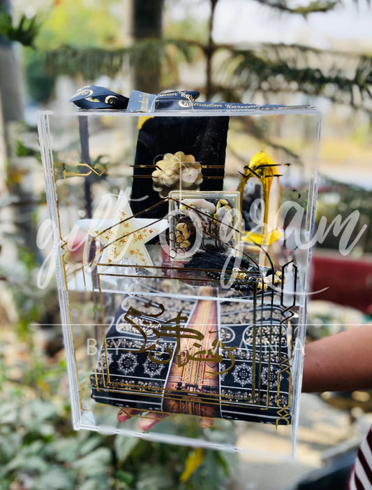 Luxury acrylic Ramadan gift box with Islamic essentials and premium transparent packaging by Giftogram