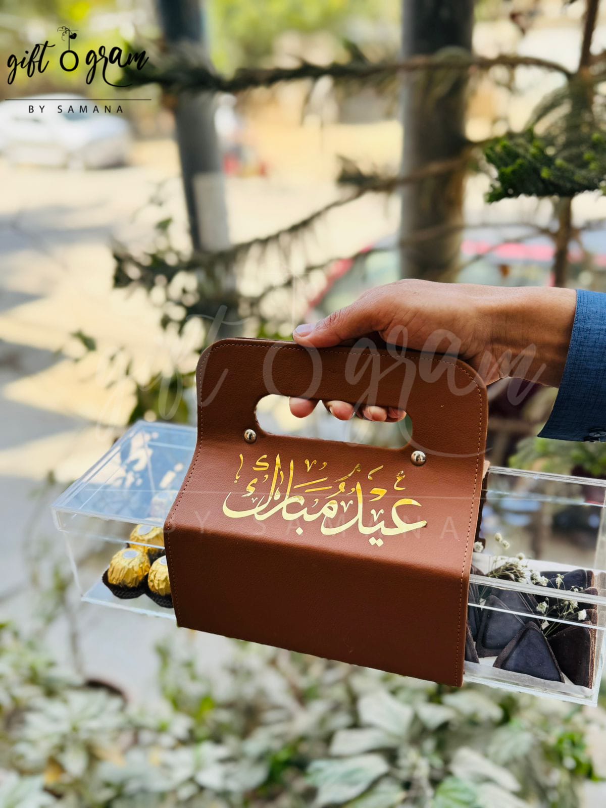 Premium acrylic Eid gift box with chocolates