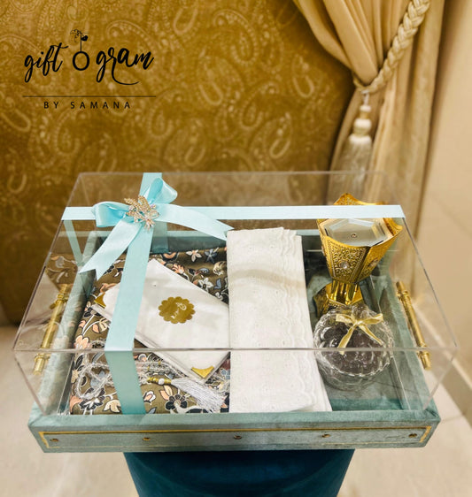 Luxury velvet acrylic Ramadan gift tray with dates, prayer essentials and premium transparent lid by Giftogram
