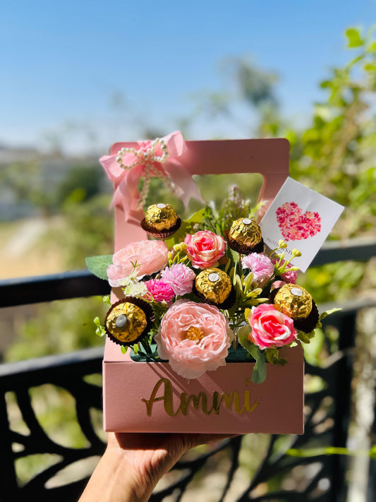 Mother’s Day chocolate gift box with Ferrero Rocher and floral arrangement for mom in Pakistan