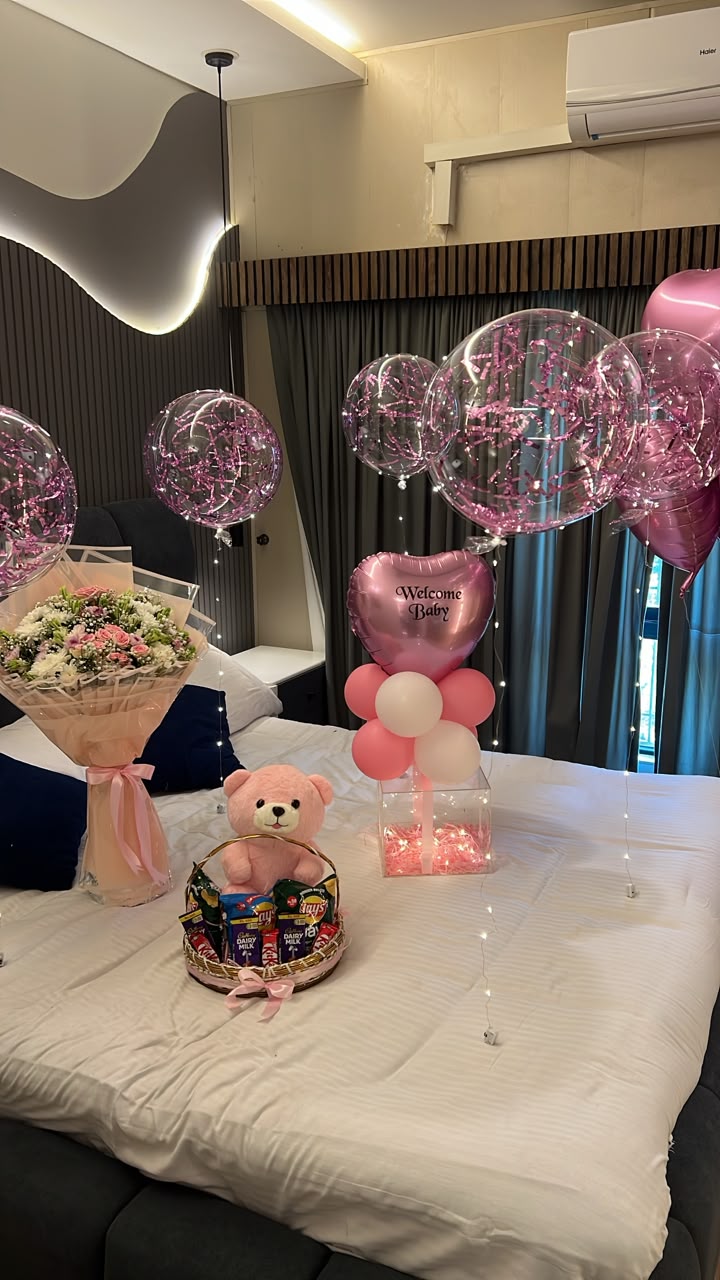 Luxury Welcome Baby Room Decoration with Balloons, Flowers, Teddy and LED Lights in Islamabad by Giftogram By Samana