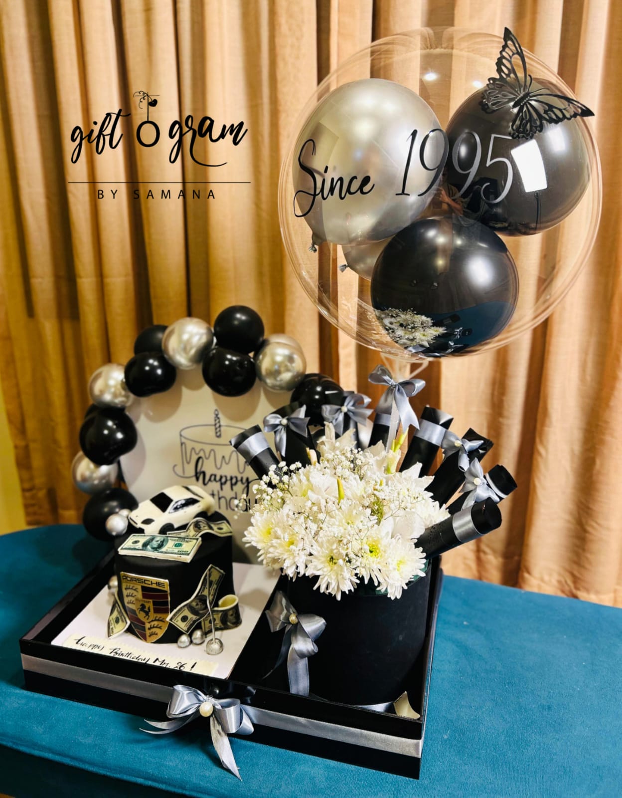 Luxury birthday tray with cake flowers and customized balloon