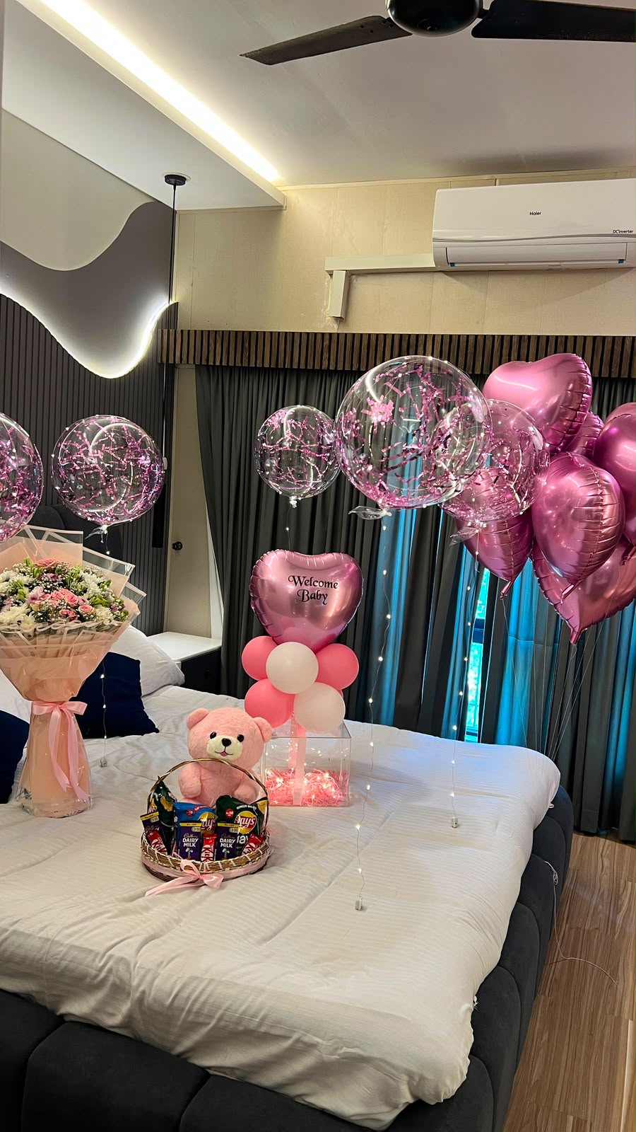 Luxury Welcome Baby Room Decoration with Balloons, Flowers, Teddy and LED Lights in Islamabad by Giftogram By Samana